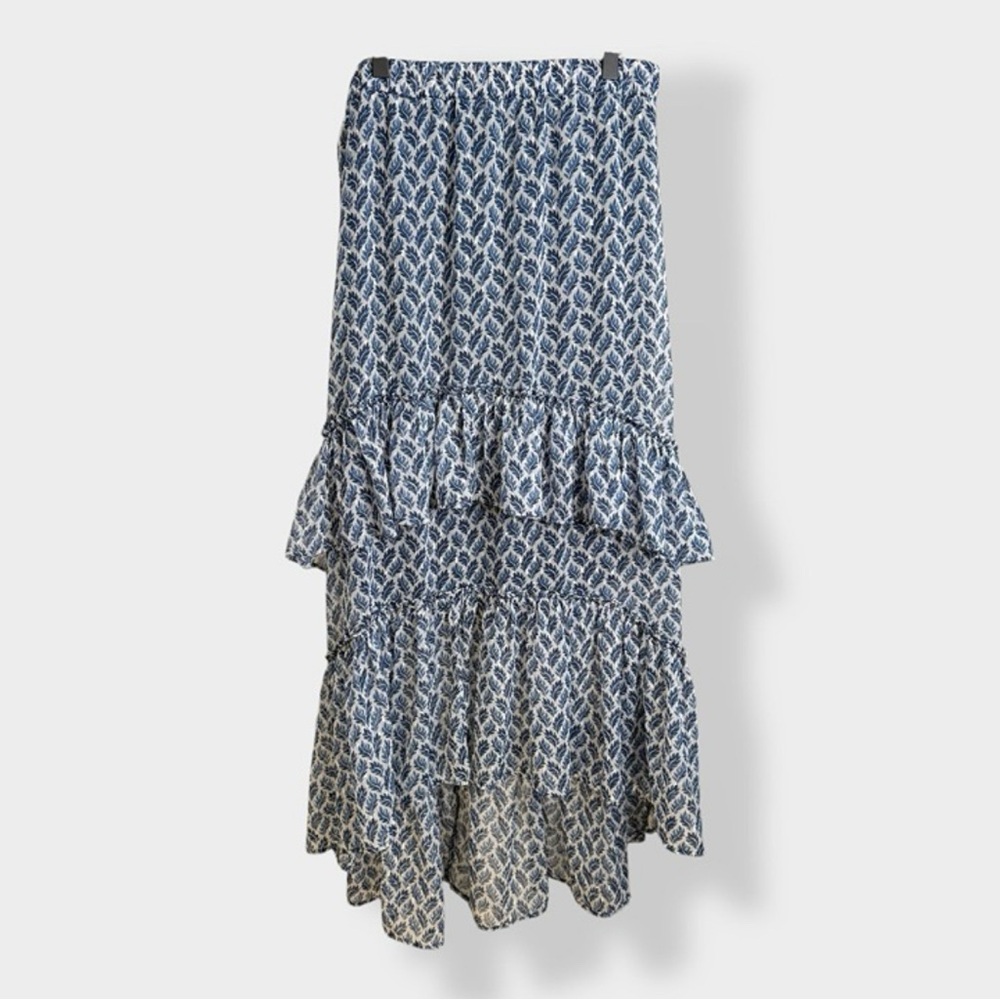 Elegant Blue Patterned tiered high low Maxi Skirt